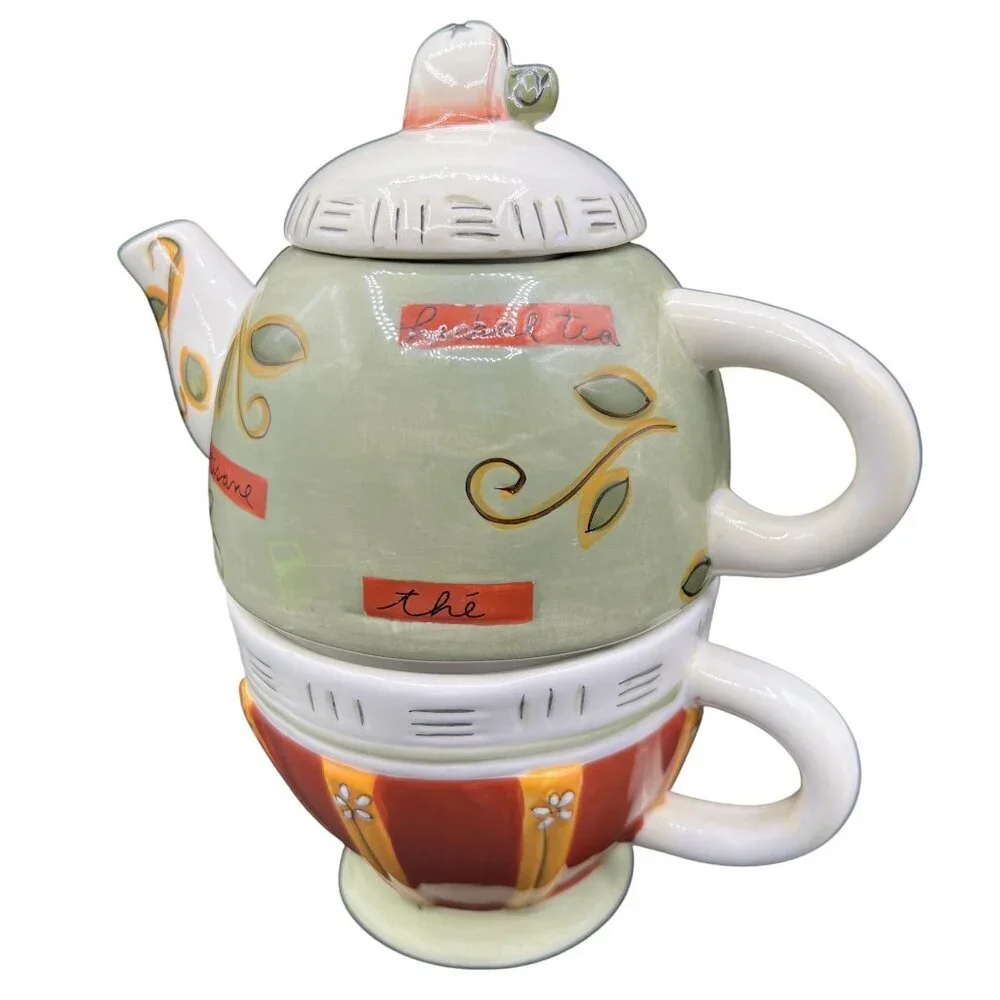 Collectible Tea For One Set Teapot Teacup Stackable Joie de Vivre pattern by MSC